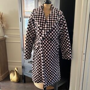 Checkerboard Faux Fur Pea Coat - Pink & Black